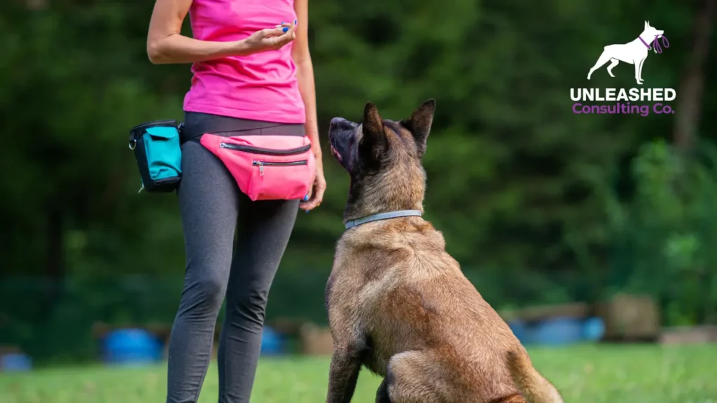 Close-up of a dog sitting on command during a training exercise.