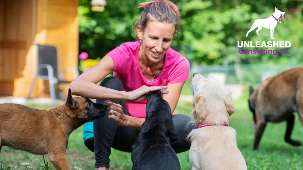 Trainer demonstrating obedience commands to a well-behaved dog in a training class.