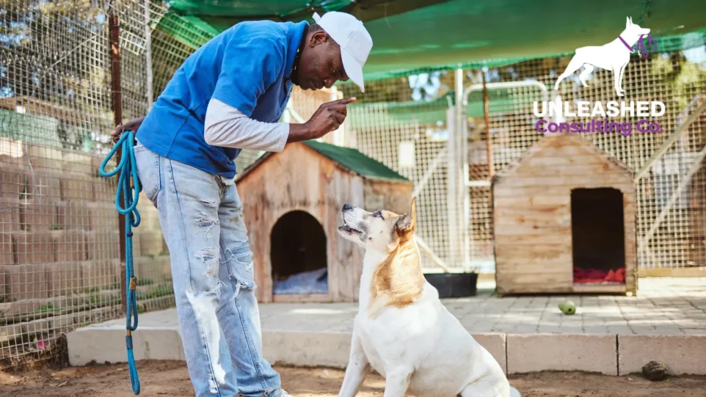 Dog trainer giving a lesson to a puppy with training tools, representing effective marketing strategies for dog training