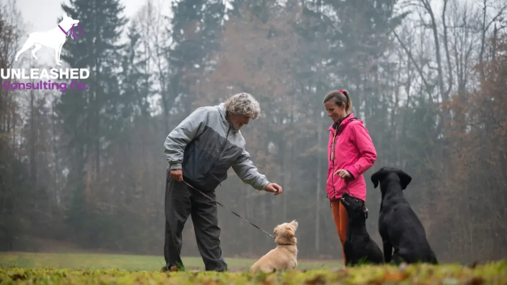 Before-and-after photos showing the improvement in an aggressive dog's behavior.