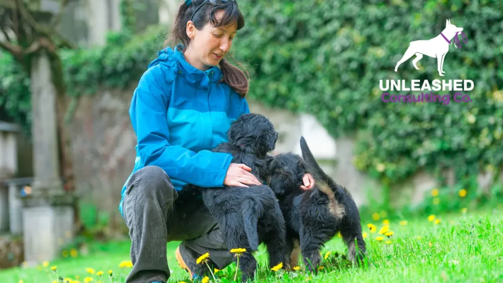 Dog owner working with a trainer to address their dog's aggressive behavior during a training session.