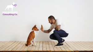 A professional dog trainer demonstrating obedience training in front of a group of pet owners