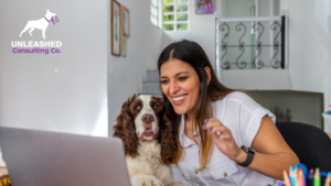 A service dog trainer interacting with a well-behaved service dog in a training session