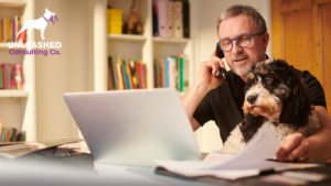 A smiling pet sitter playing with a happy dog in a sunny backyard, representing personalized pet care services