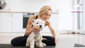 A pet sitter updating a client via video call while holding their pet